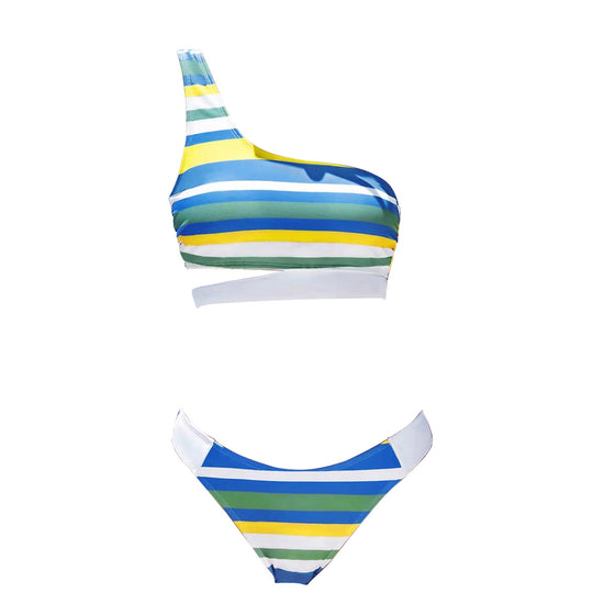 Damen One-Shoulder-Bikini mit trendigem Streifenmuster EB