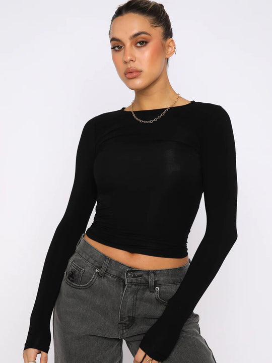 Damen modisches Langarm-Crop-Top mit Raffung EB