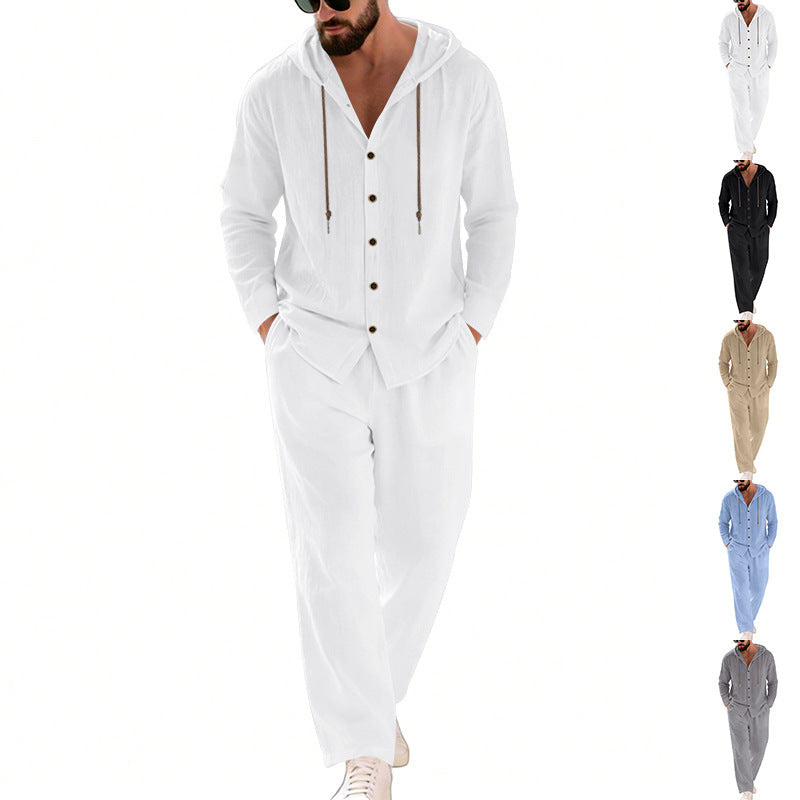 Herren nan legeres Kapuzen-Lounge-Set mit Knopfleiste, Kordelbundhose und seitlichen Eingrifftaschen EB