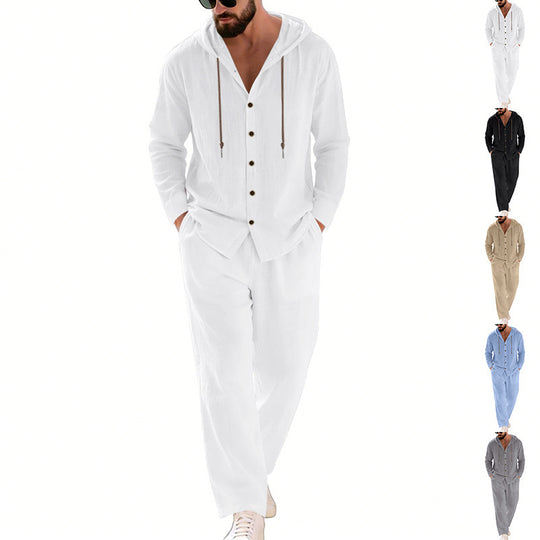 Herren nan legeres Kapuzen-Lounge-Set mit Knopfleiste, Kordelbundhose und seitlichen Eingrifftaschen EB
