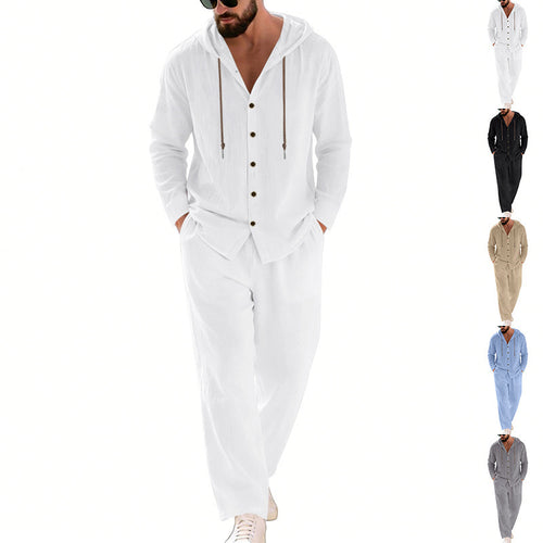 Herren nan legeres Kapuzen-Lounge-Set mit Knopfleiste, Kordelbundhose und seitlichen Eingrifftaschen EB