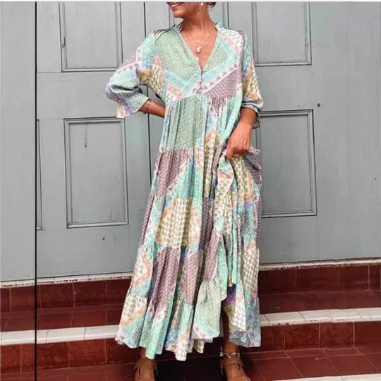 Damen Maxikleid mit einzigartigem Patchwork-Design und seitlichen Taschen Heidi-Mode