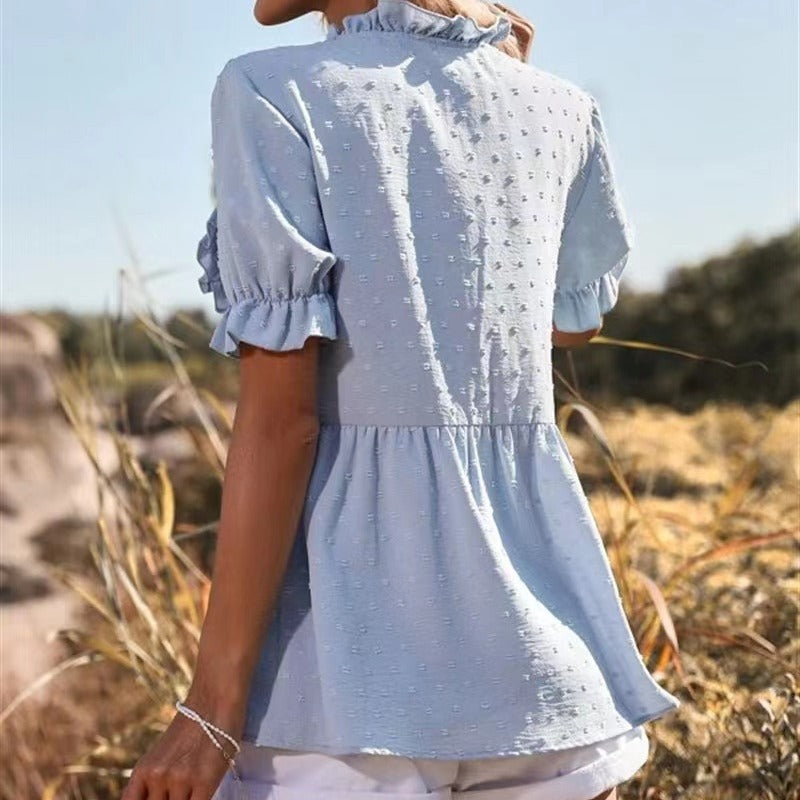 Damen elegantes Sommeroberteil mit Rüschendetails und V-Ausschnitt EB