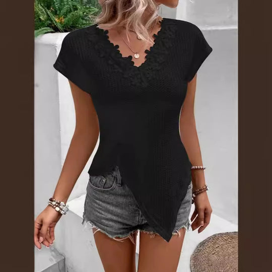 Damen V-Ausschnitt T-Shirt mit Blumenapplikation und asymmetrischem Schnitt EB