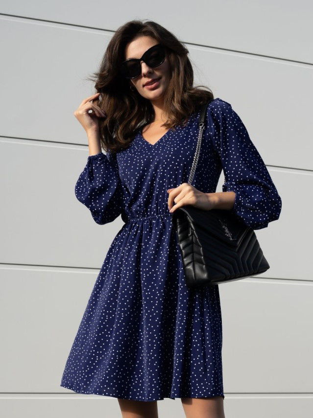 Damen Freizeitkleid mit V-Ausschnitt und Puffärmeln EB
