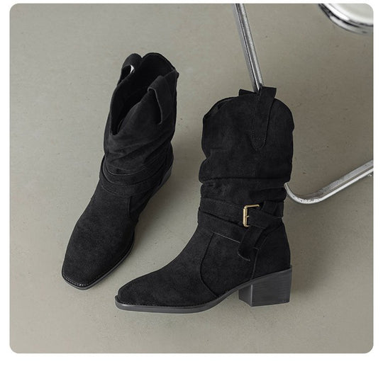 Damen Stiefeletten im Western-Stil mit modischem Riemen und Blockabsatz EB