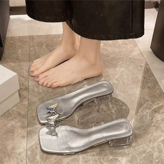 Damen elegante Blockabsatz Sandalen mit Glitzerakzenten EB