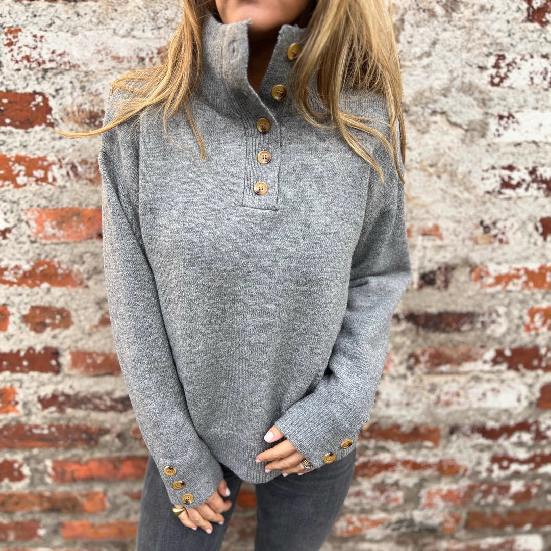 Damen modischer Strickpullover mit Knopfdetails und hohem Kragen EB
