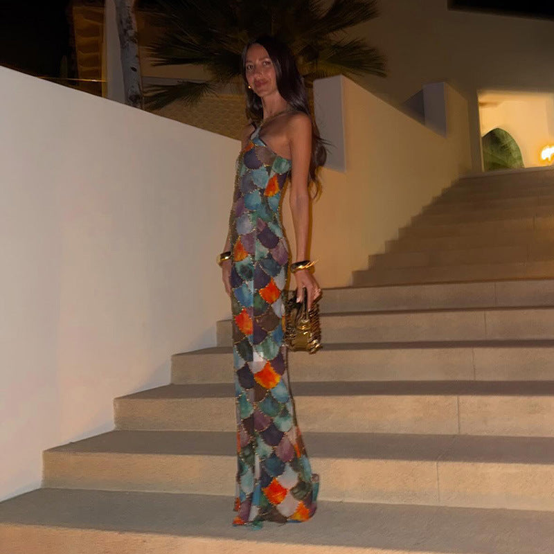 Damen elegantes Trägerkleid mit einzigartigem Schuppenmuster EB