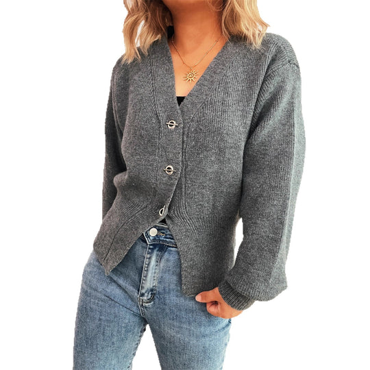Damen leichte Strickjacke mit tiefem V-Ausschnitt und dekorativen Knöpfen EB