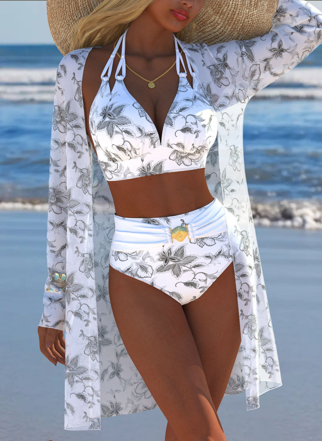 Damen Bikini-Set mit kreativem geometrischen Design und hohem Bund EB