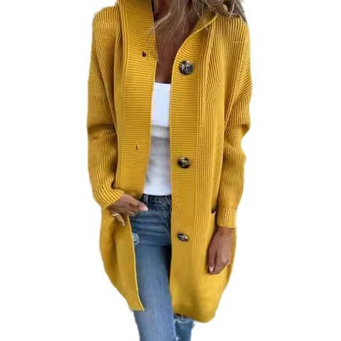 Damen Strickmantel mit Kapuze und Knopfleiste EB