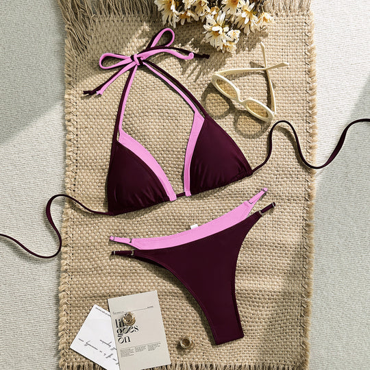 Damen Triangel-Bikini mit verstellbaren Trägern und kontrastrierendem Farbdesign EB