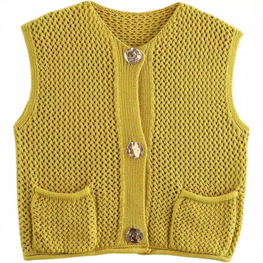 Damen Strickweste mit dekorativen Knöpfen und Taschen EB