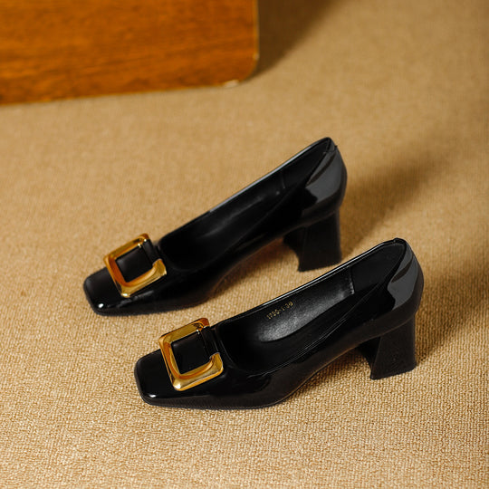Damen elegante High Heels mit schickem quadratischem Zehenbereich und goldener Schnalle EB