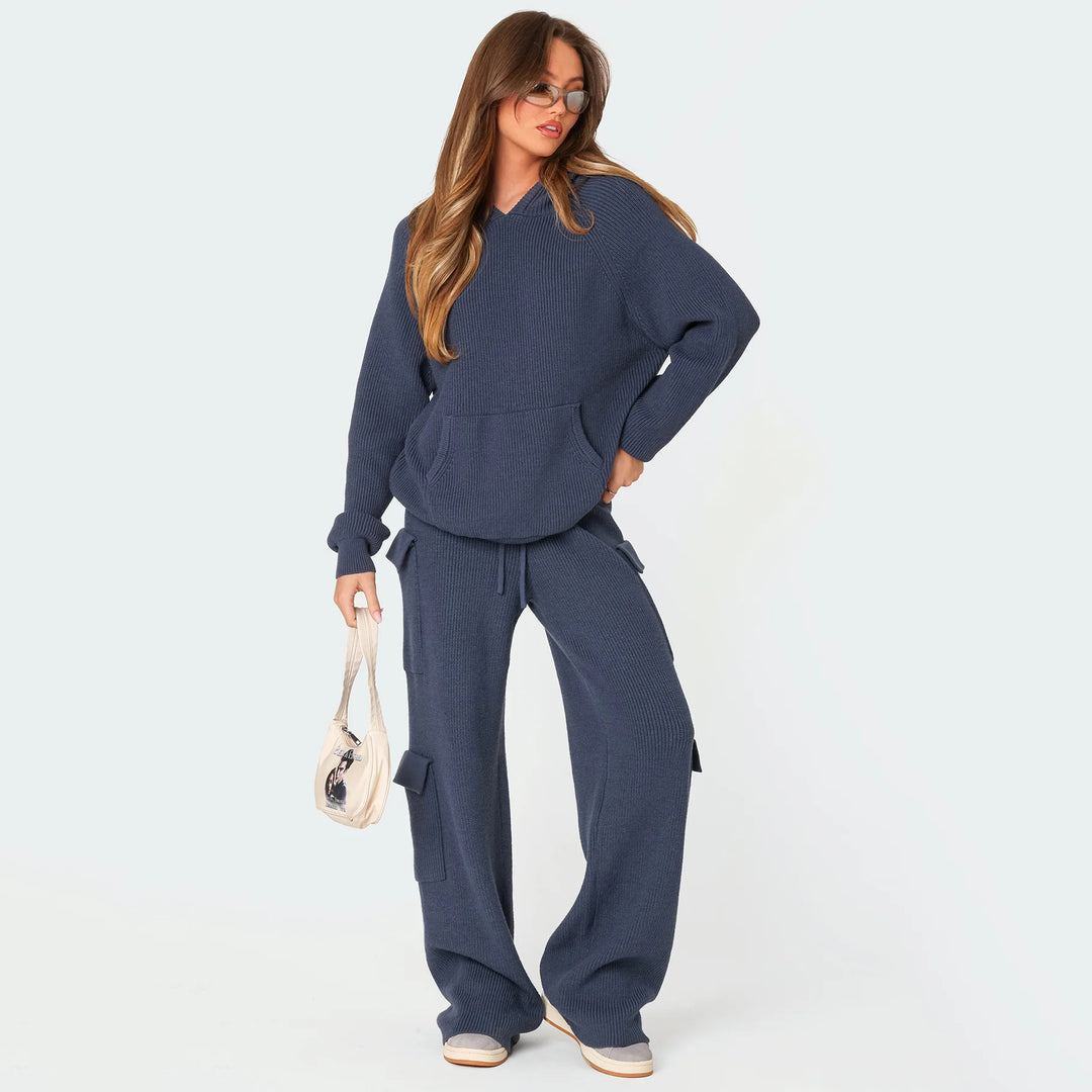 Damen gerippter Kapuzenpullover mit Kängurutasche und leichter Waffelstruktur EB