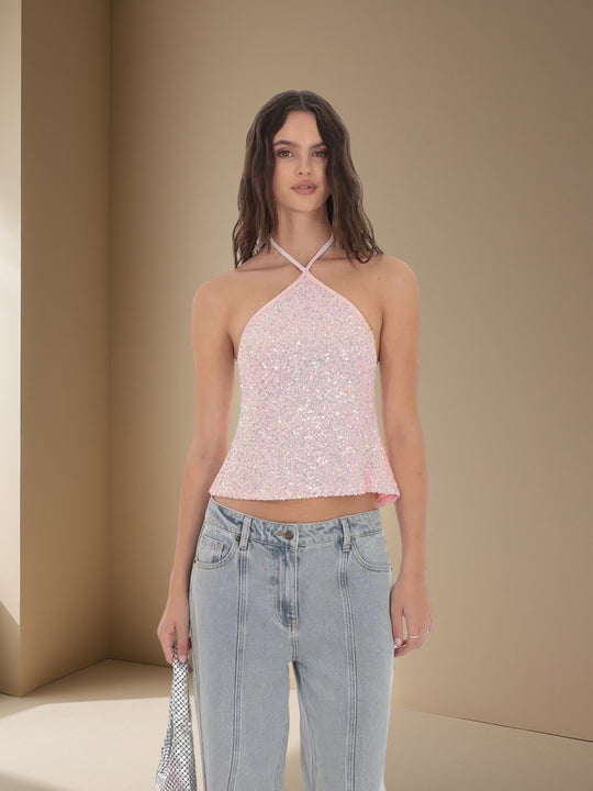Damen Funkelndes Neckholder Top mit schimmernden Pailletten EB