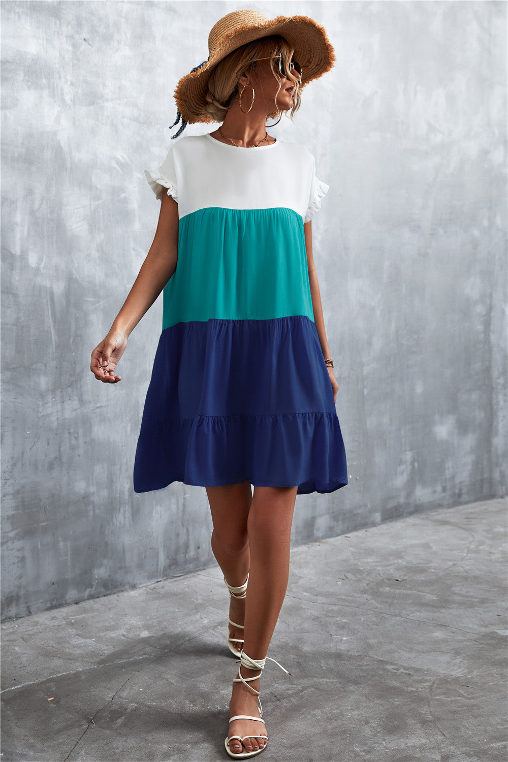 Damen lässiges Sommerkleid mit Rüschendetails und fließendem Schnitt EB