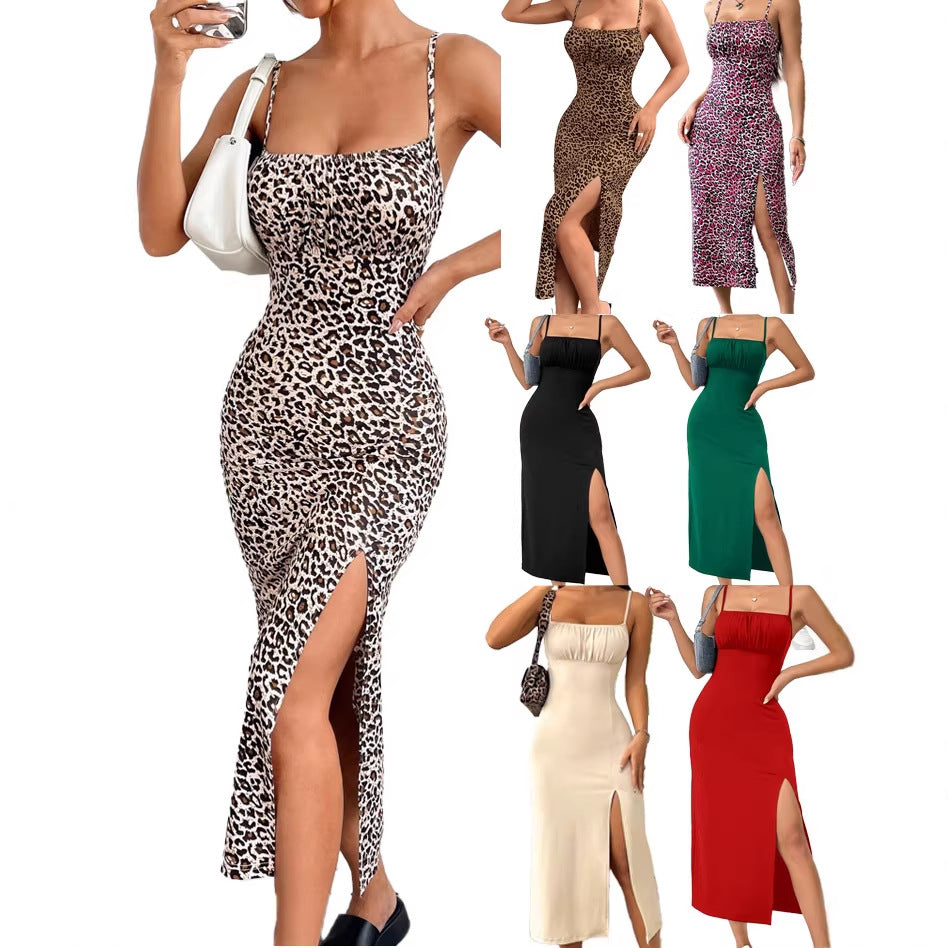 Damen figurbetontes Maxikleid mit elegantem Schlitz und schmalen Spaghetti-Trägern EB