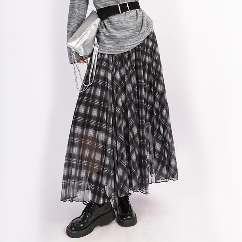 Damen  plissierter kariert-lagen Midirock mit elastischem Taillenbund und mehrlagiger Chiffonstruktur EB