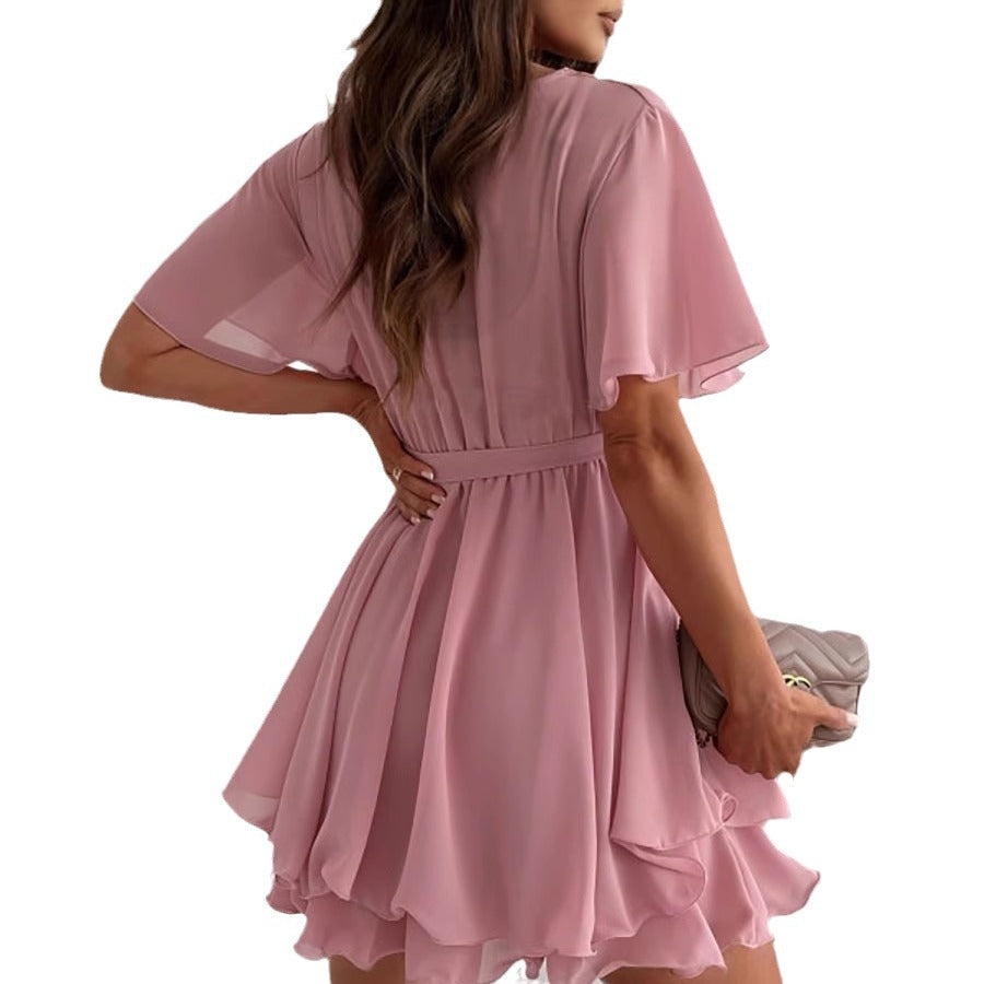 Damen luftiges Wickelkleid mit V-Ausschnitt und schwingendem Rock EB