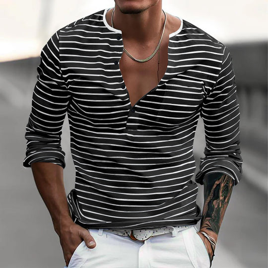 Herren Langarm-Henley-Shirt mit modischem Streifenmuster EB