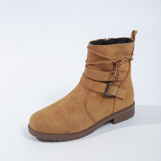 Damen nan gefütterte Ankle-Boots mit Wickelriemen, dekorativer Metallschnalle und rutschfester Profilsohle EB