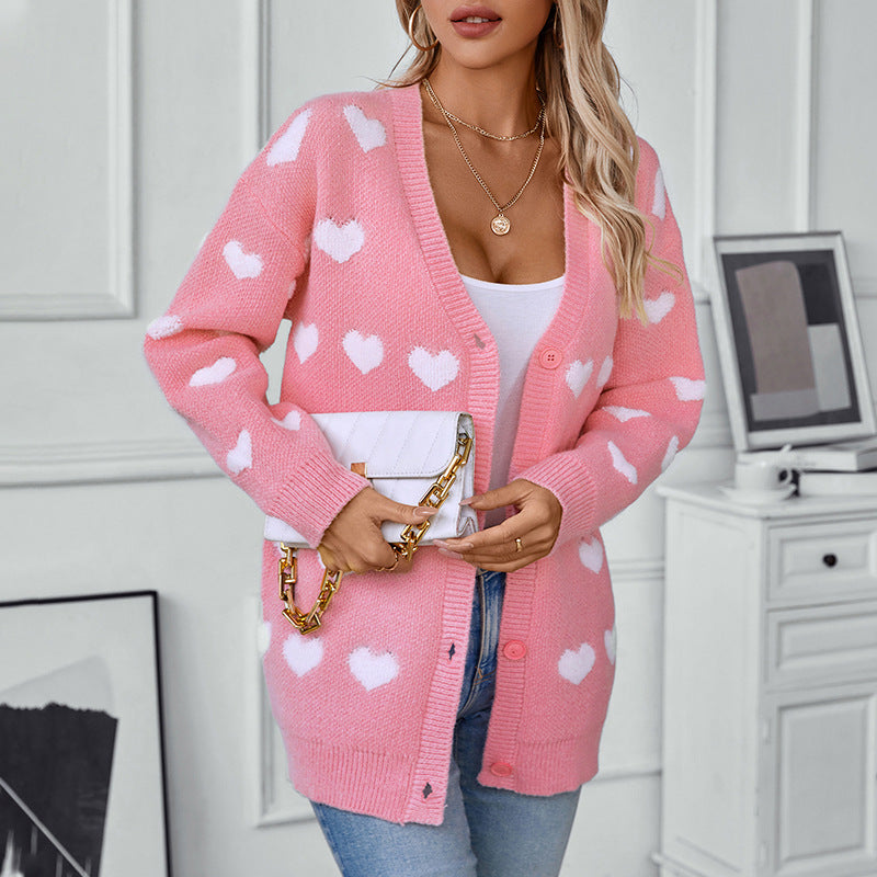 Damen gemütliche Strickjacke mit Herzmuster und V-Ausschnitt EB