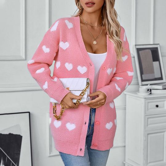 Damen gemütliche Strickjacke mit Herzmuster und V-Ausschnitt EB