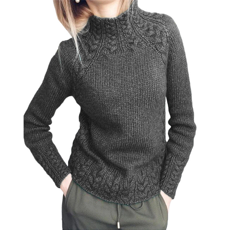 Damen nan grobgestrickter Zopfmuster-Pullover mit Stehkragen und tailliertem Schnitt EB