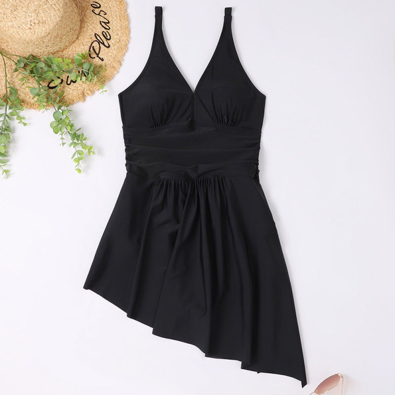Damen eleganter Einteiler Badeanzug mit asymmetrischem Rock und verstellbaren Trägern EB