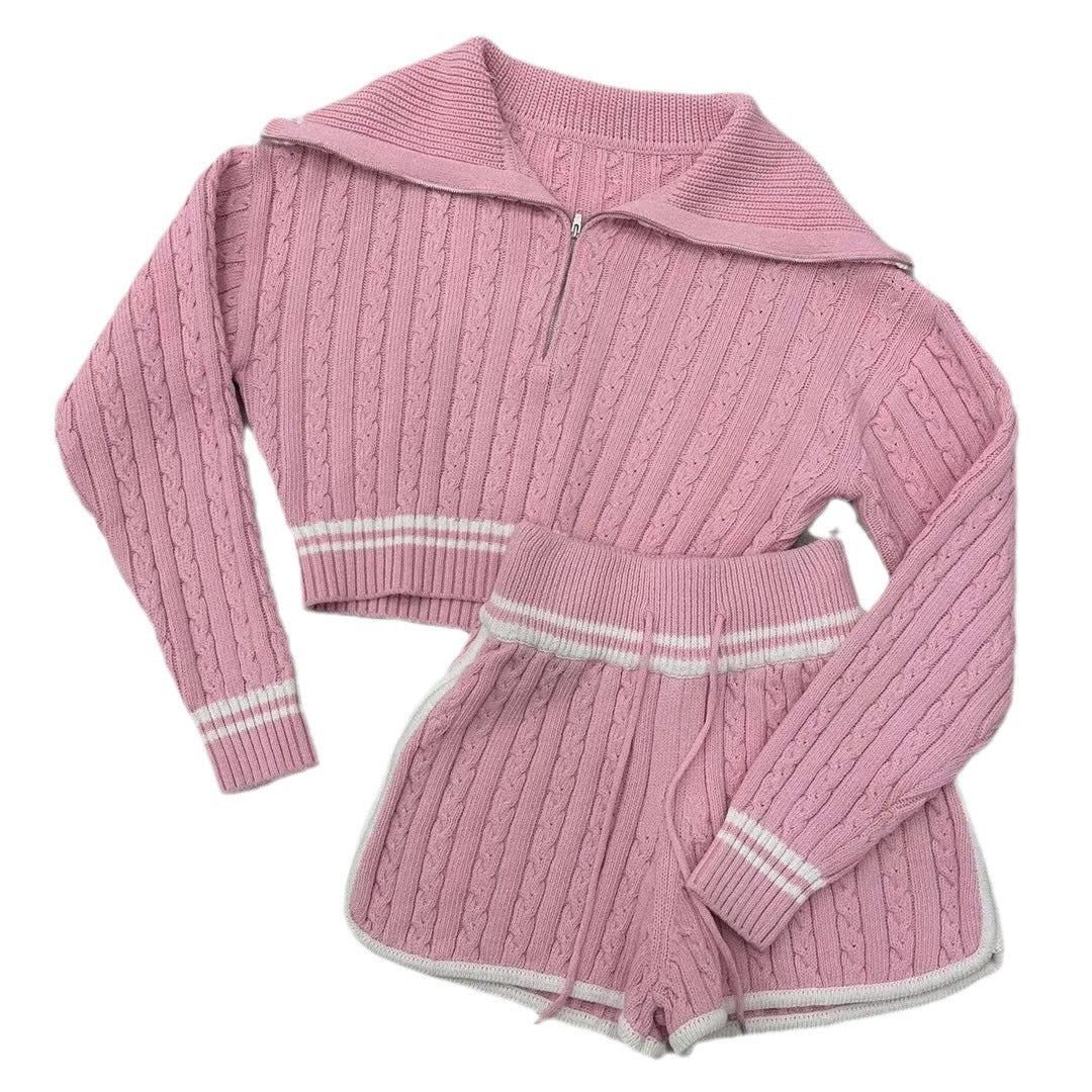Damen Cropped Strickpullover mit hohem Kragen und Shorts im Set EB