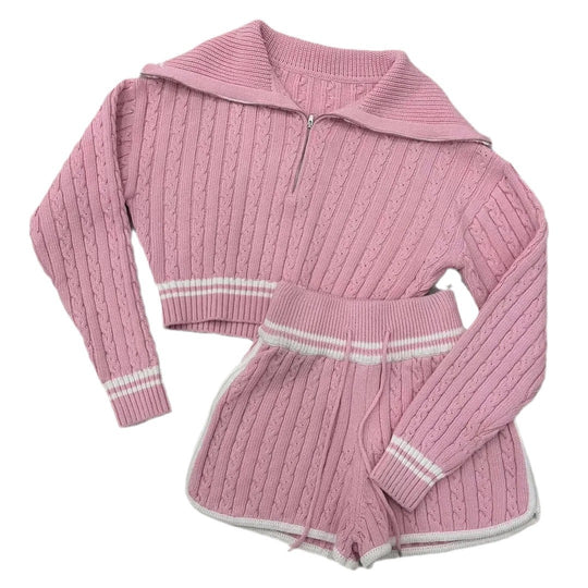 Damen Cropped Strickpullover mit hohem Kragen und Shorts im Set EB