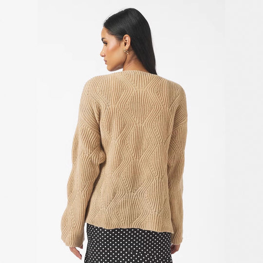 Damen Oversize Strickpullover mit V-Ausschnitt, Kordelzug und Rautenstruktur EB