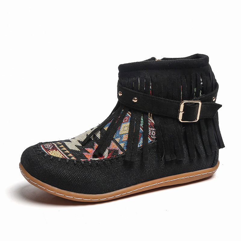 Damen Fransen-Short-Boots aus hochwertigem Stoff mit buntem Ethno-Muster EB