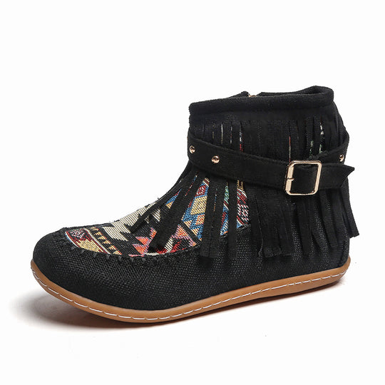 Damen Fransen-Short-Boots aus hochwertigem Stoff mit buntem Ethno-Muster EB