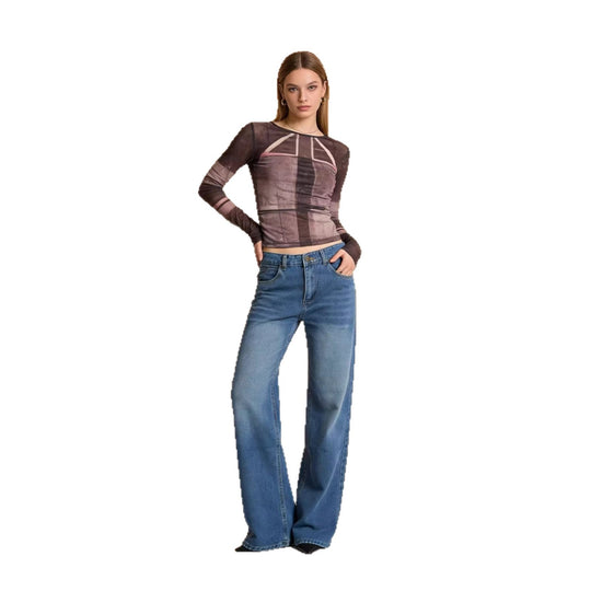 Damen nan hochgeschnittene Weitbein-Jeans mit tonaler Seitennaht und verwaschenem Verlauf EB