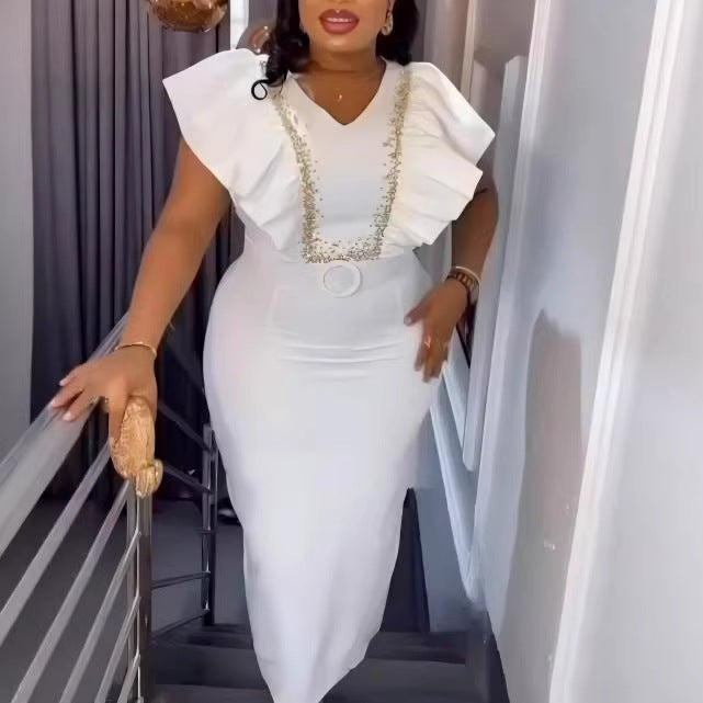 Damen Elegantes Maxikleid mit dekorativen Rüschen und schimmerndem Gürtel EB