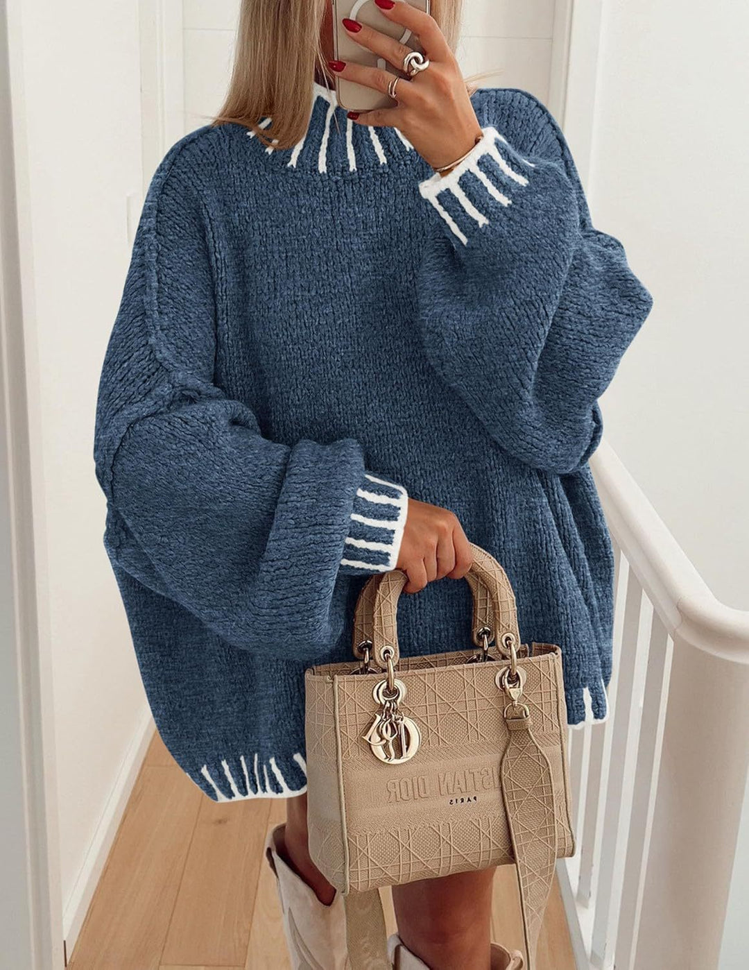 Damen lässiger Grobstrickpullover mit modernem Streifenmuster EB