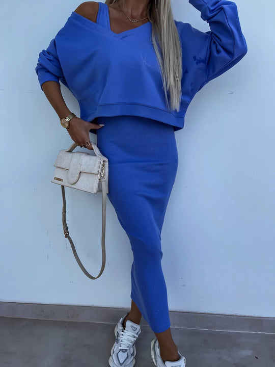 Damen weiches geripptes Lounge-Set mit Oversize-Viskoseshirt und High-Waist Schlaghose EB