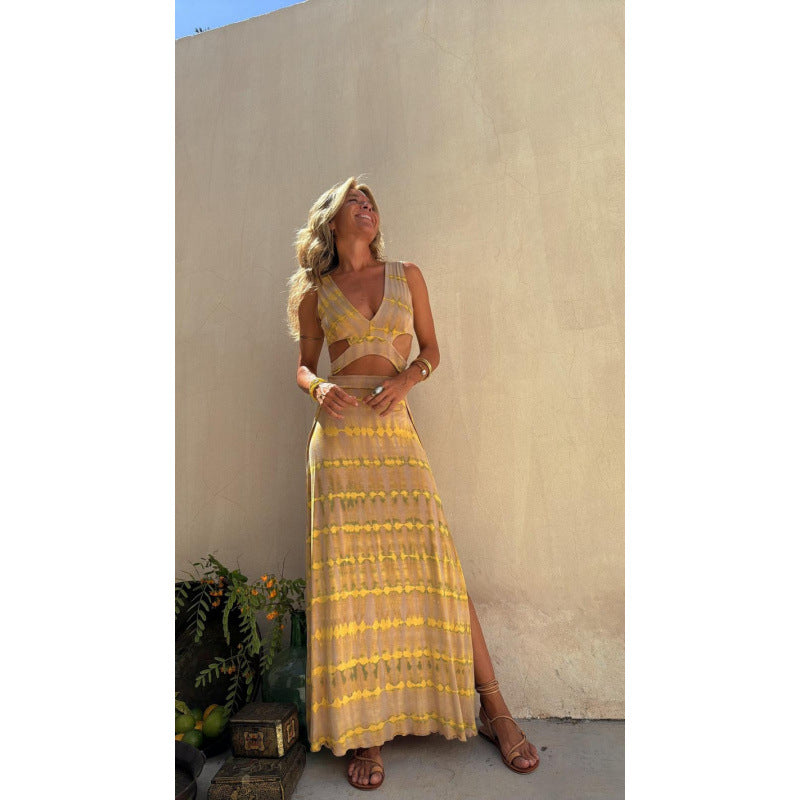 Damen Lang kleid mit tiefem V-Ausschnitt und modischem Cut-Out EB