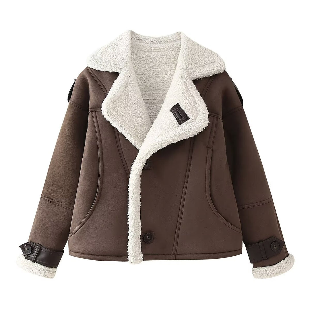Damen modische Kunstpelzjacke mit umschlagbarem Kragen EB