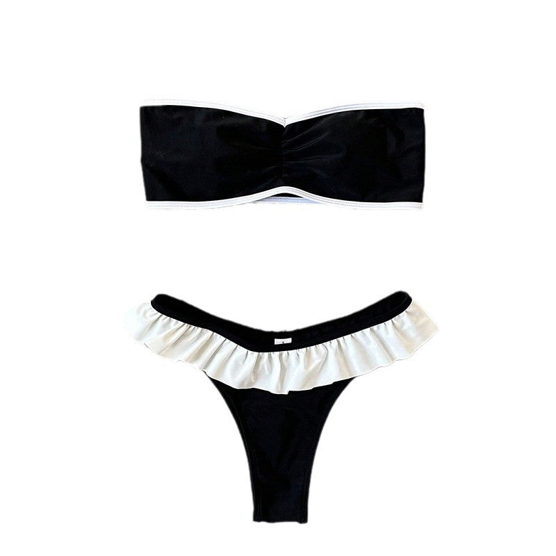 Damen Bandeau-Bikini mit Rüschen und kontrastierender Bordüre EB