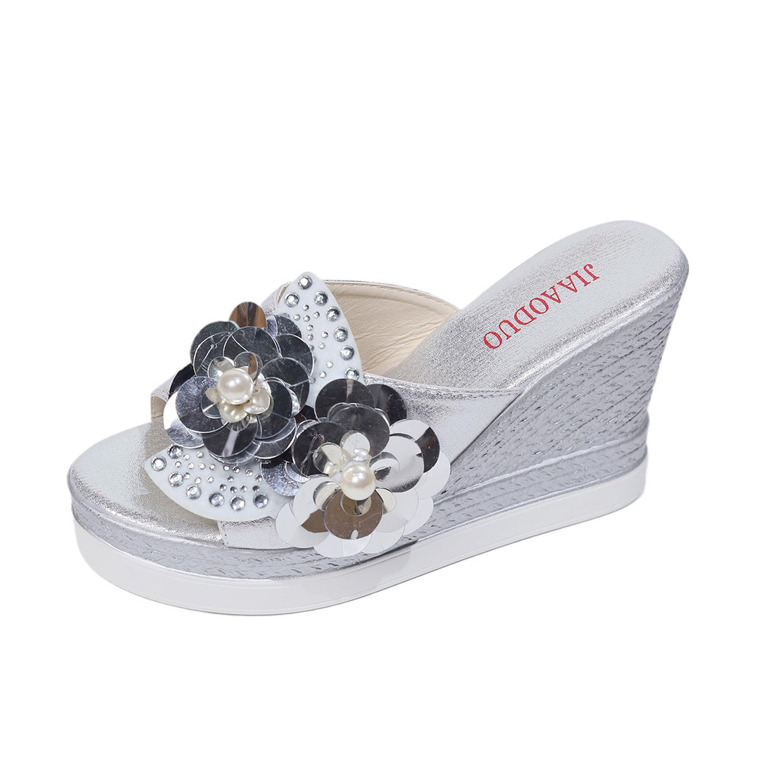 Damen Wedge-Sandalen mit schimmernden Blumenapplikationen und rutschfester Sohle EB