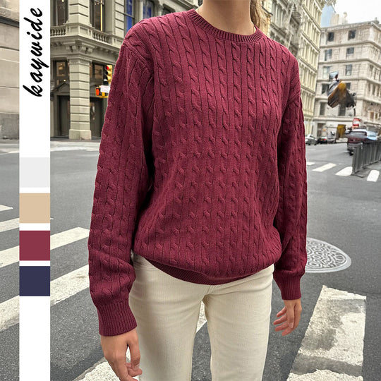 Damen nan grob gestrickter Zopfstrickpullover mit Rundhalsausschnitt, entspannter Oversize-Passform und gerippten Bündchen EB