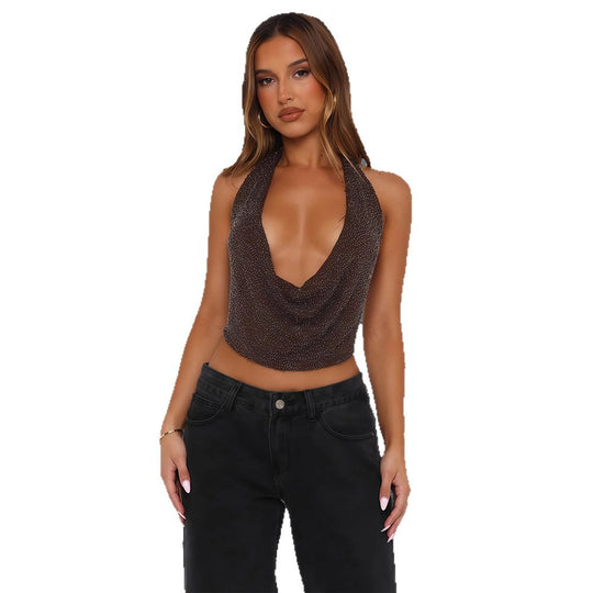 Damen Cowl-Neck Top mit funkelnder Gestaltung und tiefem Ausschnitt EB