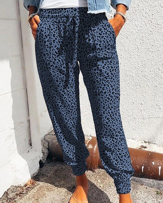 Damen nan lässige Leoparden-Print Jogginghose mit Tunnelzug, Eingrifftaschen und elastischen Bündchen EB