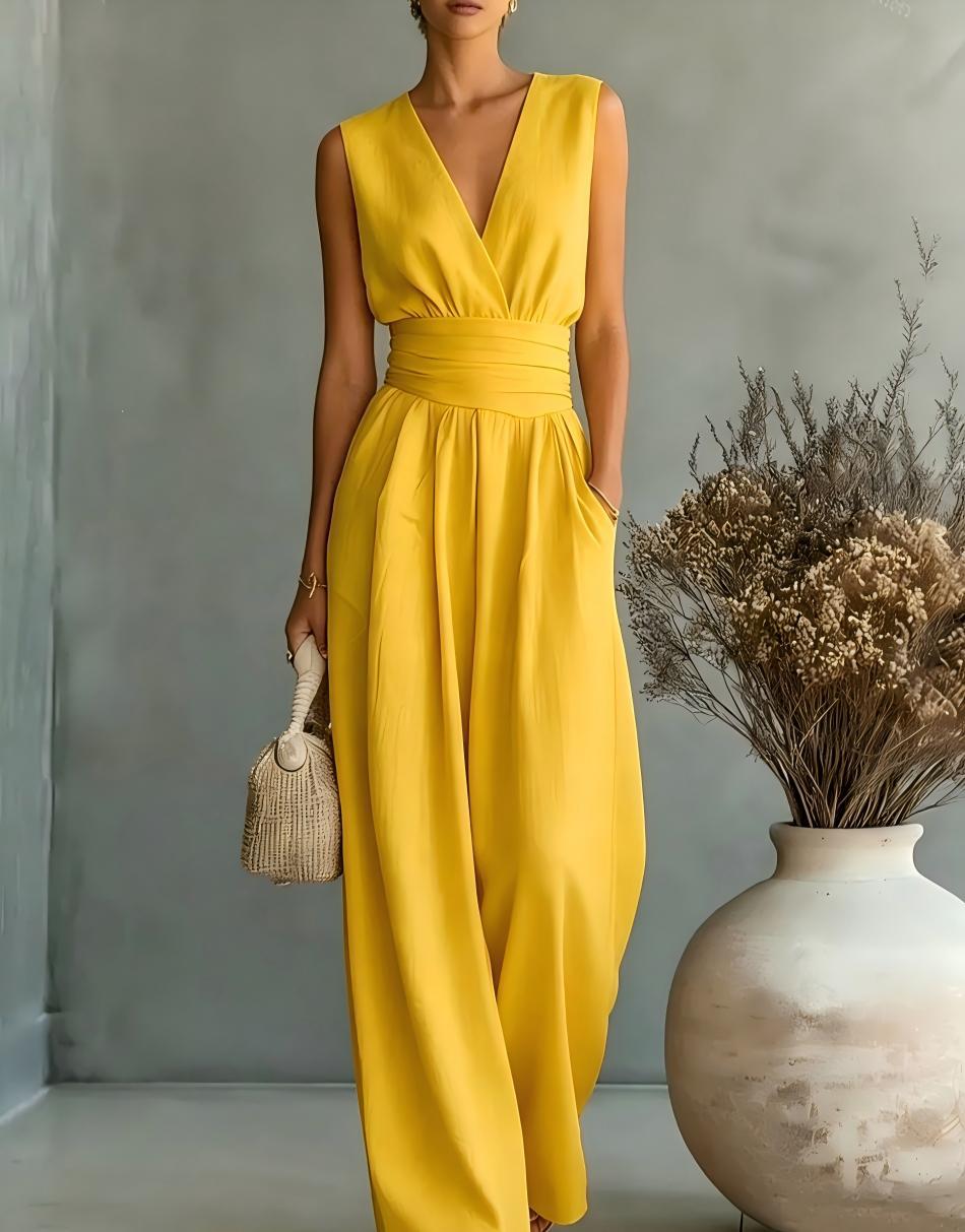 Damen Maxikleid mit V-Ausschnitt und Puffärmeln EB