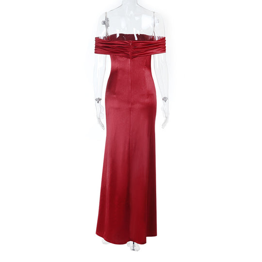 Damen schulterfreies Maxikleid mit eleganter Raffung und figurbetontem Schnitt EB