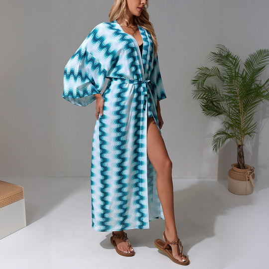Damen Langer Strandkaftan mit V-Ausschnitt, Taillen-Bindegürtel & hohem Beinschlitz EB